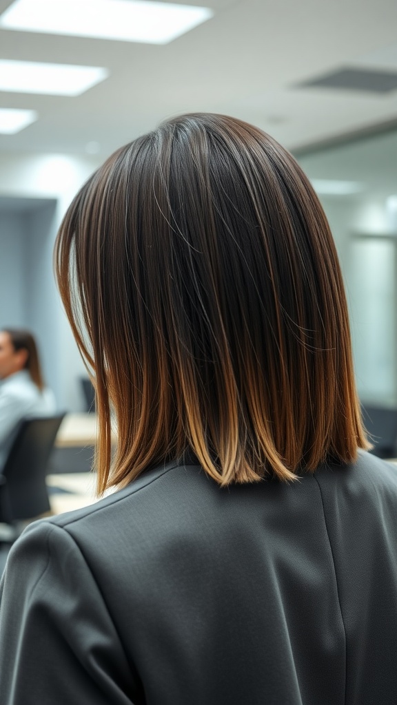 Back view of a woman with a chic straight lob hairstyle in a professional setting.