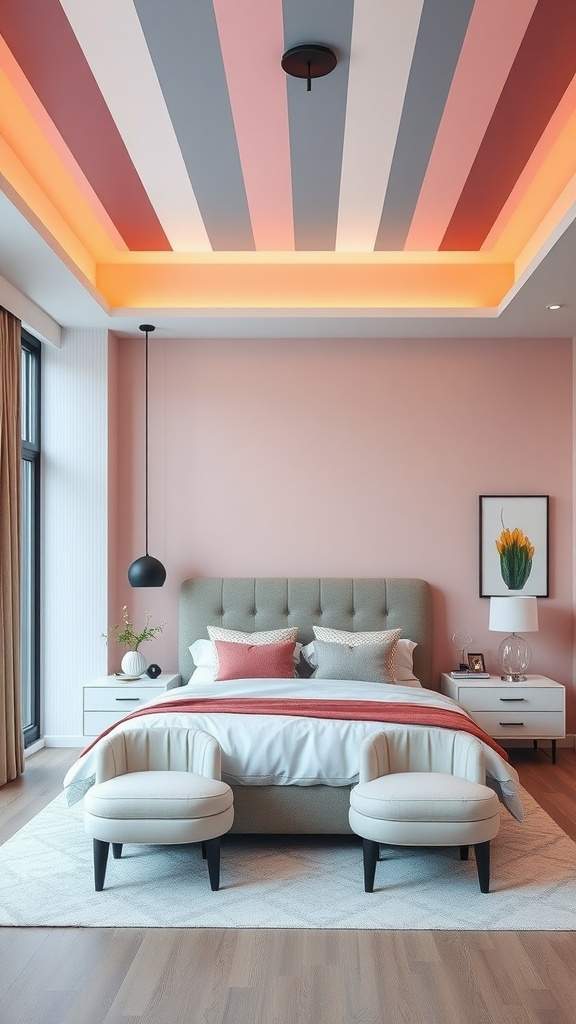 A modern bedroom with a chic striped ceiling in shades of pink and gray, featuring a cozy bed and stylish seating.