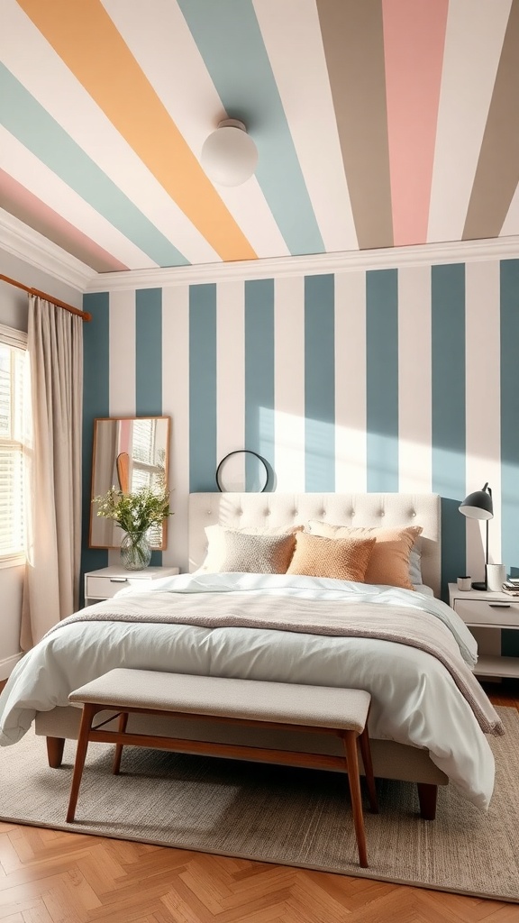 A chic bedroom with a striped ceiling featuring pastel colors and stylish furniture.