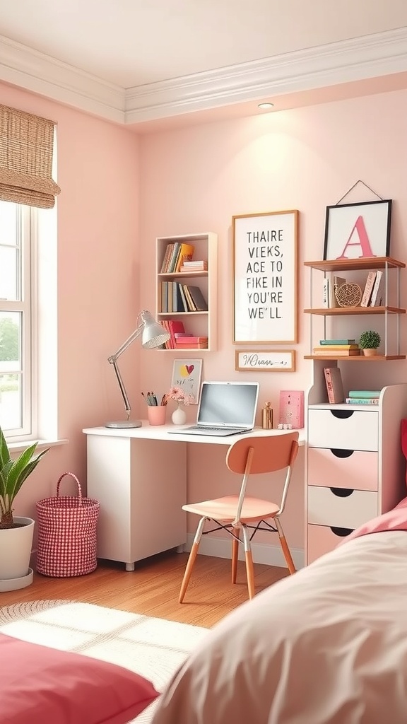 A chic study nook in a tween girl's bedroom featuring a pink desk, chair, and shelves with books and decor.