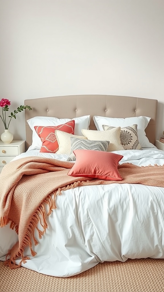 Cozy summer bed styling with white bedding, coral throw, and decorative pillows.