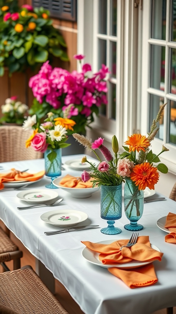 A beautifully set table for a summer baby shower, featuring vibrant flowers, turquoise glassware, and orange napkins.