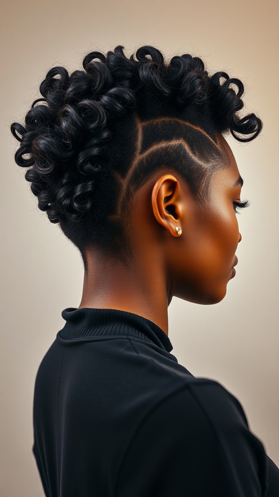 A black woman with a chic tapered hairstyle featuring defined curls on top and shaved sides, showcasing a modern and stylish look.