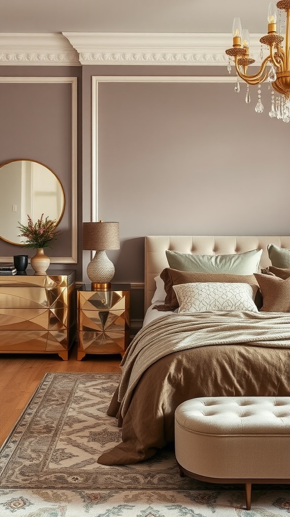A chic taupe bedroom featuring metallic accents with a plush bed, decorative pillows, gold nightstands, and a chandelier.