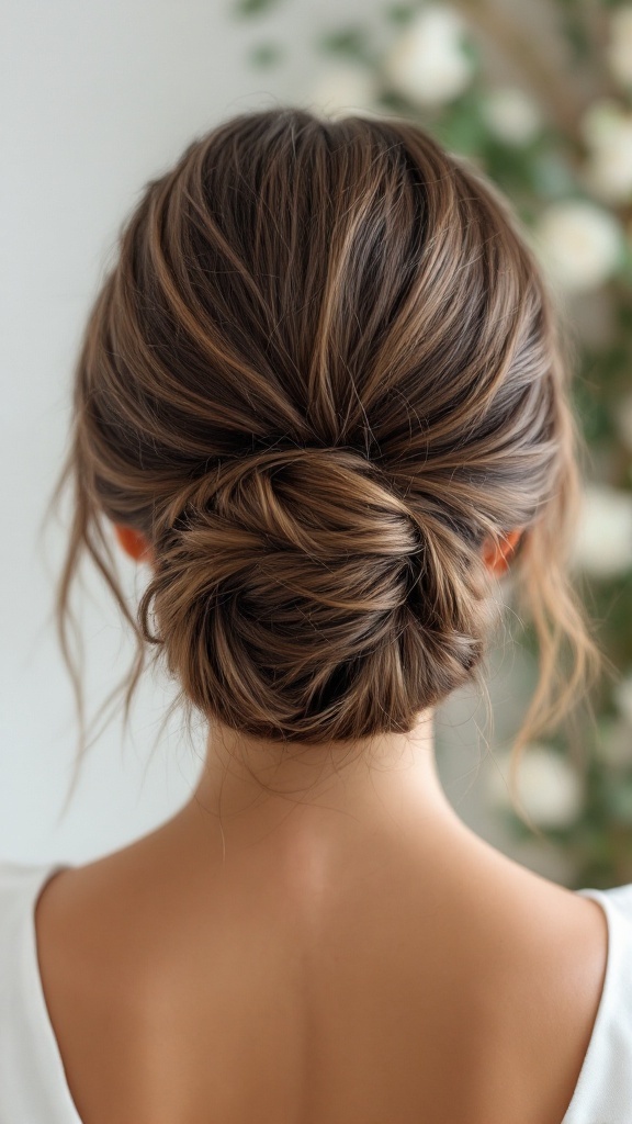 A chic textured bun hairstyle suitable for bridesmaids at modern weddings.