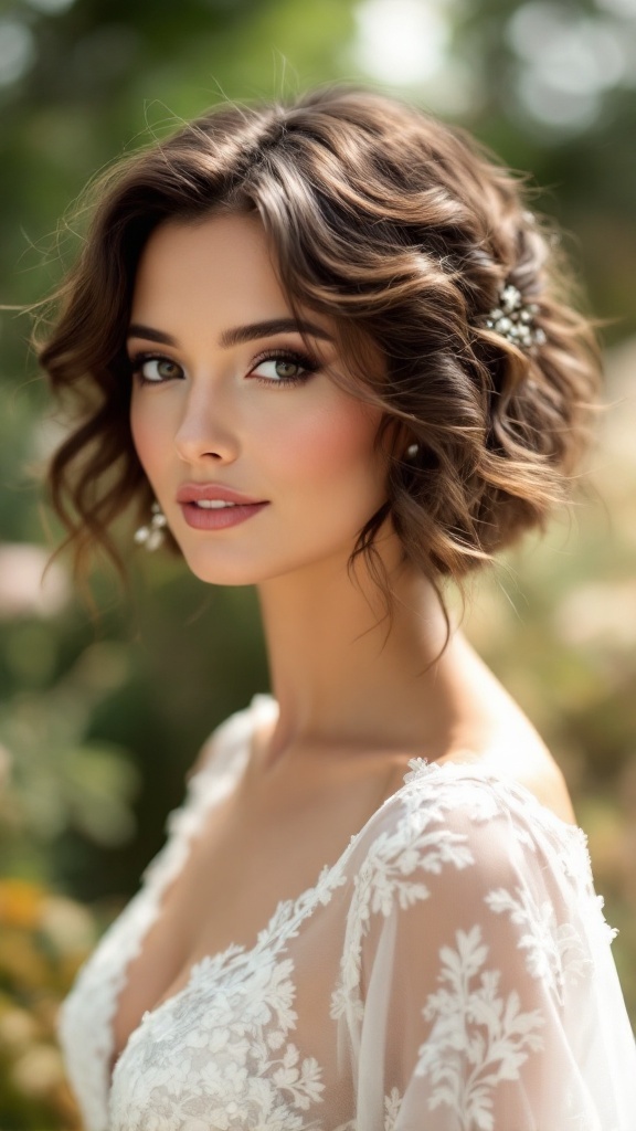 A bride with short hair showcasing chic textured waves with delicate hairpins.