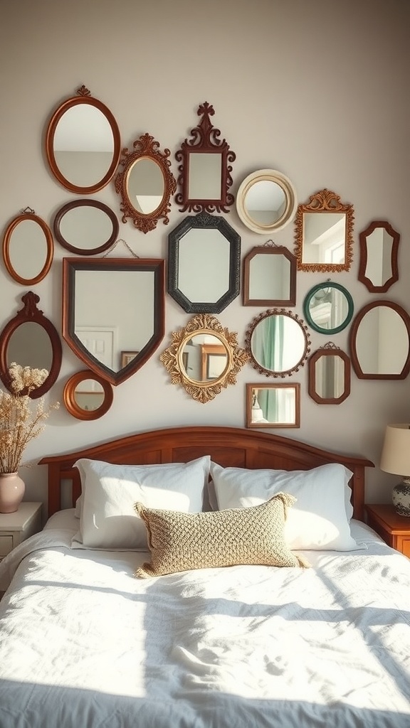 A collection of various thrifted mirrors arranged above a bed with white bedding.