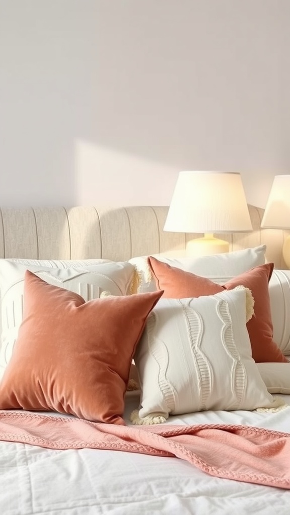 A cozy bedroom with chic throw pillows in coral and white on a bed.