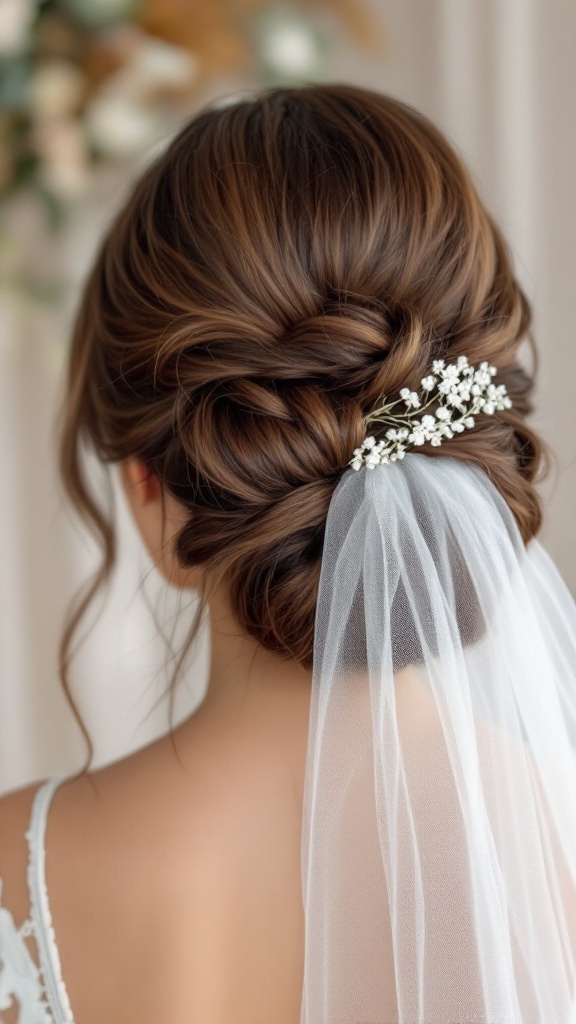 A stylish bride with a top knot hairstyle and a lace veil, showcasing a romantic and elegant bridal look.