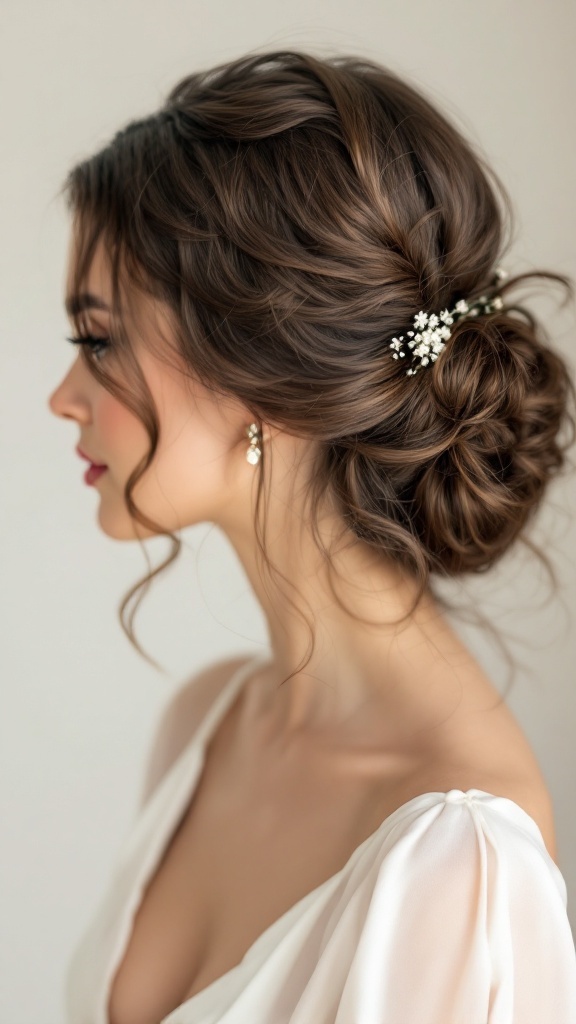 A woman with chic tucked loose waves hairstyle, adorned with small floral accessories, showcasing a blend of elegance and simplicity.