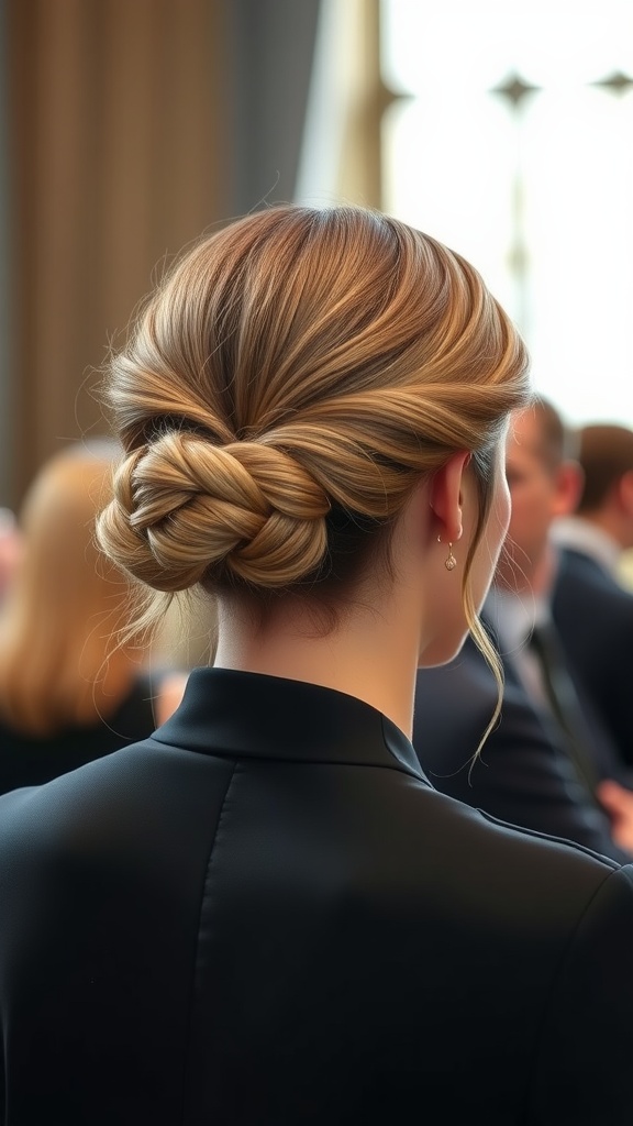 A stylish twist and pin hairstyle for long hair, viewed from the back.