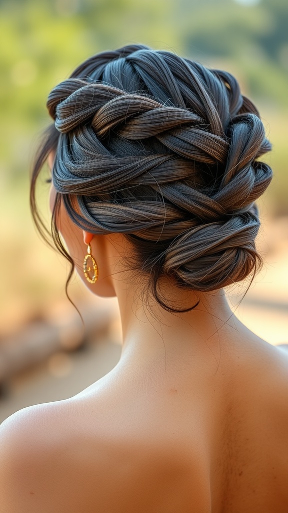 A woman with a Chic Twisted Crown hairstyle, showcasing braided hair elegantly arranged in a crown style.