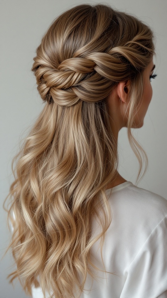 A chic twisted half up half down hairstyle with loose waves.