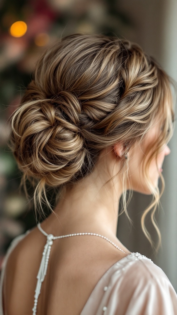 A woman with a chic twisted messy bun hairstyle, showcasing a blend of elegant twists and loose strands.