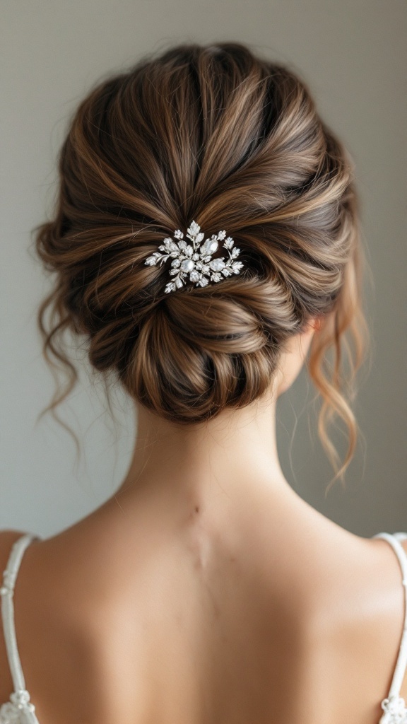 A woman with a chic twisted updo hairstyle adorned with a decorative hairpin.