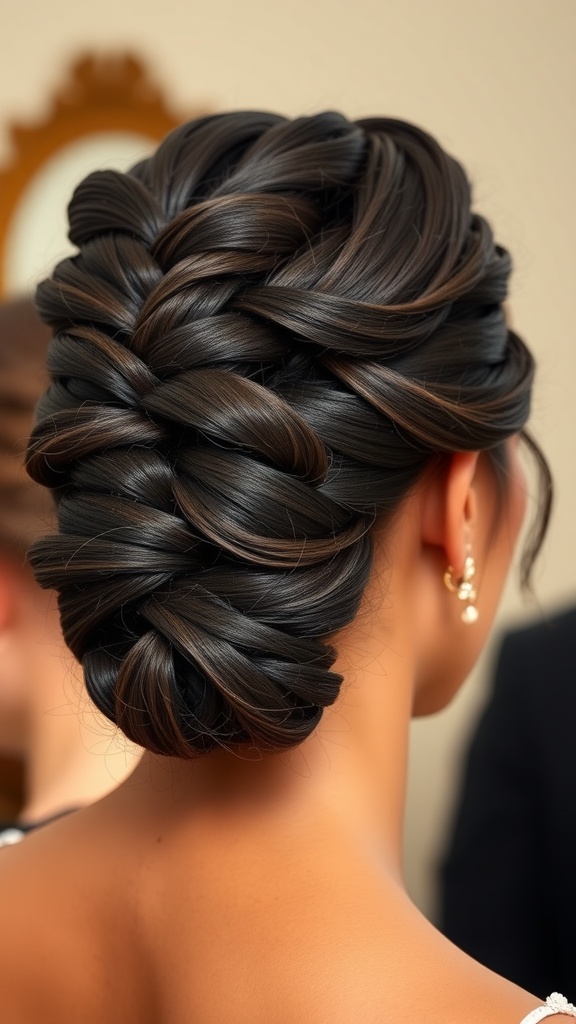 Chic updo hairstyle featuring medium knotless braids.