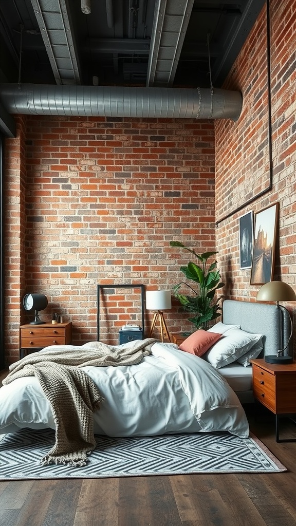 A chic urban loft bedroom with exposed brick walls, a cozy bed with white linens and a knit throw, stylish nightstands, and a plant.