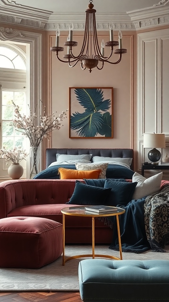 A stylish living room featuring a velvet sofa, colorful cushions, and elegant decor.