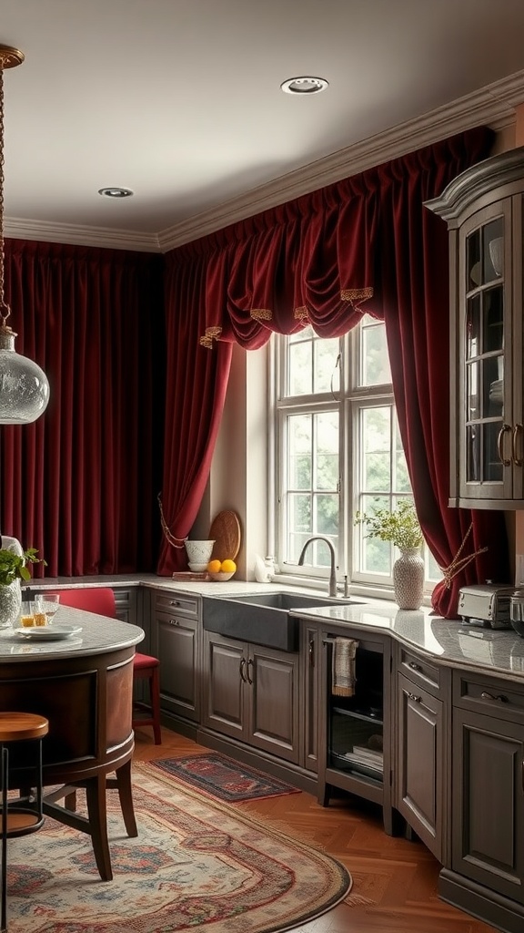 A kitchen featuring rich burgundy velvet curtains, gray cabinets, and a cozy dining area.