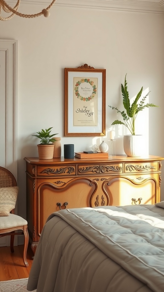 A vintage dresser with detailed woodwork, adorned with plants and decorative items, in a cozy bedroom setting.
