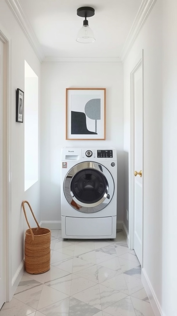 A modern laundry room with a washing machine, wall art, and a woven basket in a small hallway.