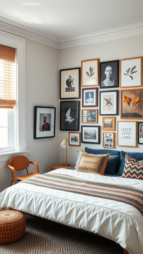 A cozy bedroom featuring a gallery wall with various framed artworks, a bed with decorative pillows, and a stylish chair.