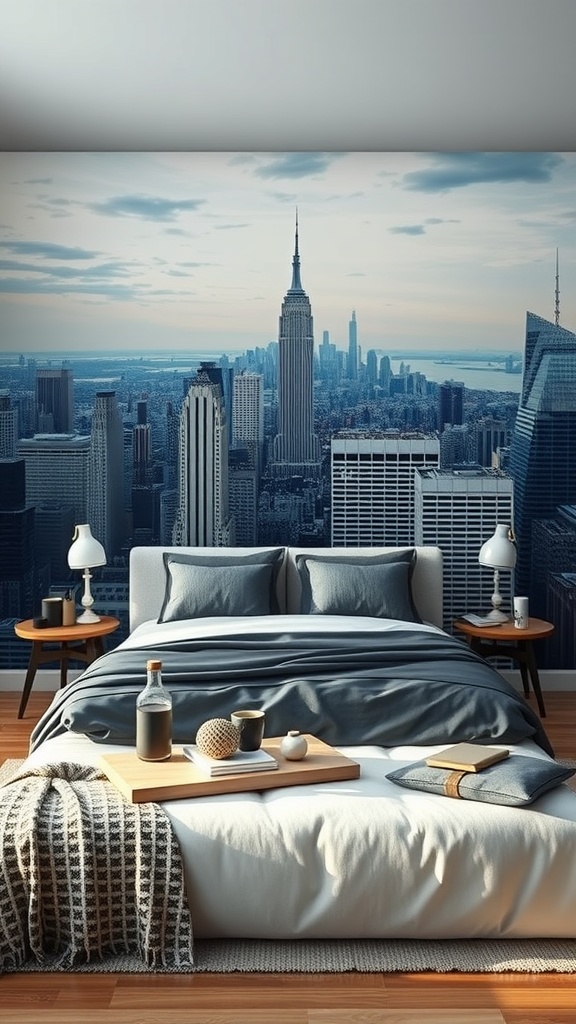 A stylish bedroom featuring a city skyline mural, with a cozy bed and modern decor.