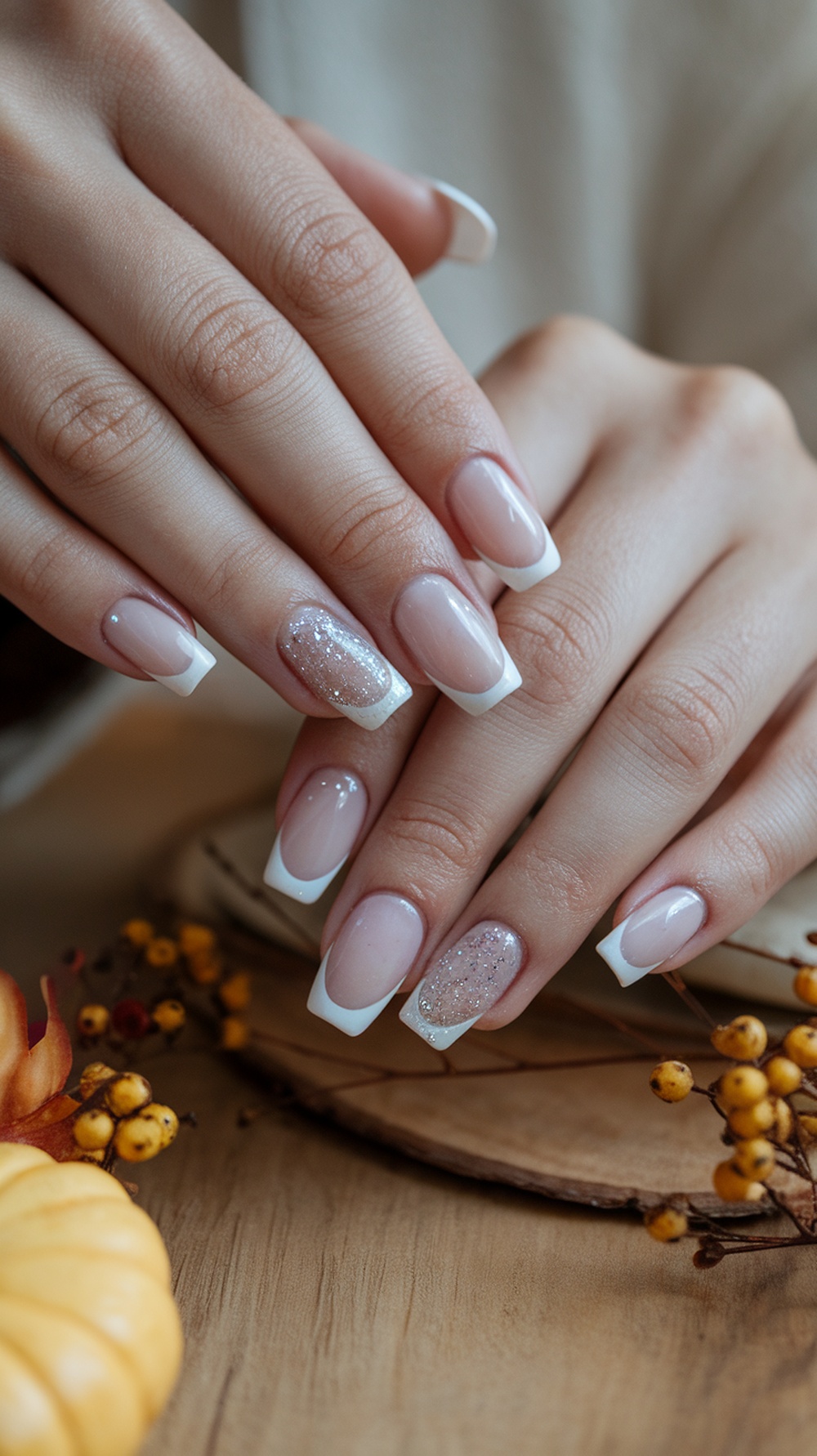 Close-up of manicured nails with white tips and a glitter accent, set against a fall-themed background.