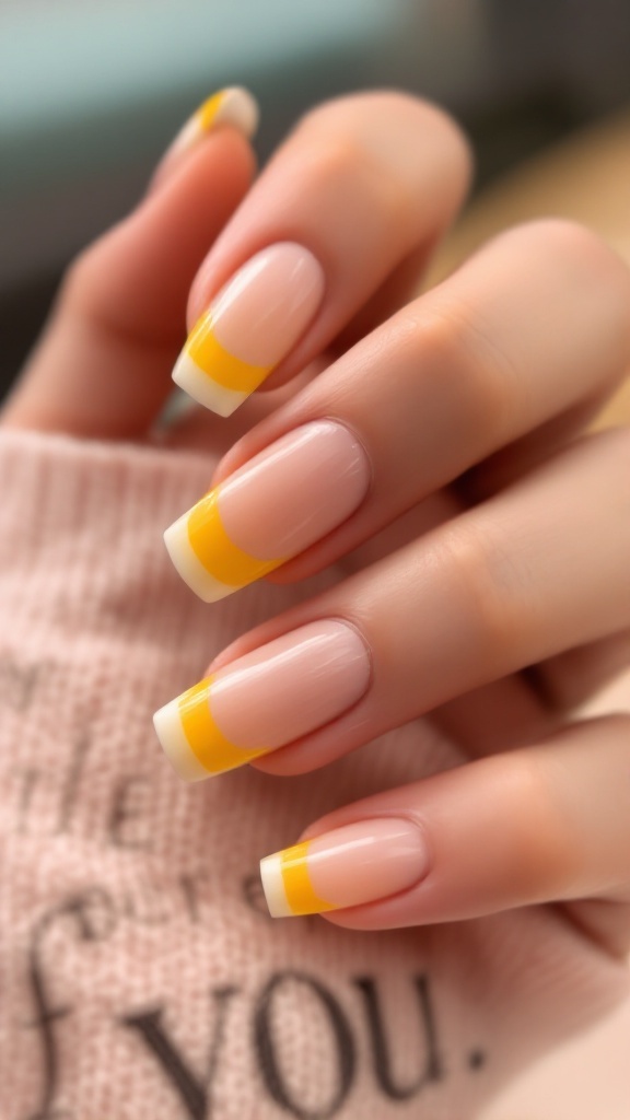 Chic yellow French manicure with a pink base and yellow tips