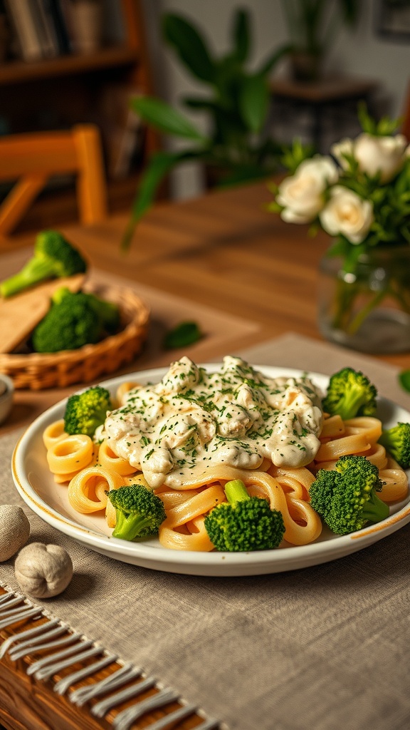 A plate of Chicken Alfredo with steamed broccoli, showcasing creamy pasta topped with chicken and parsley, served with fresh broccoli.