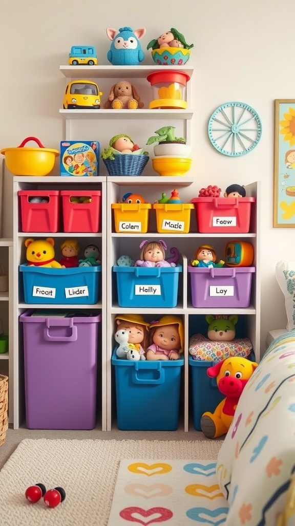 A colorful organized shelf filled with labeled bins, toys, and plush animals in a child's bedroom.