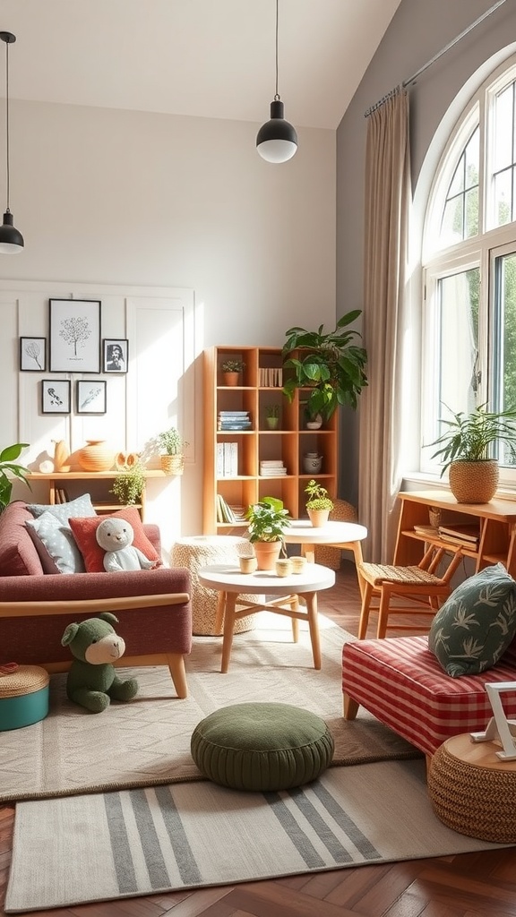 A cozy family room with child-friendly decor including plush seating, colorful cushions, and playful elements.