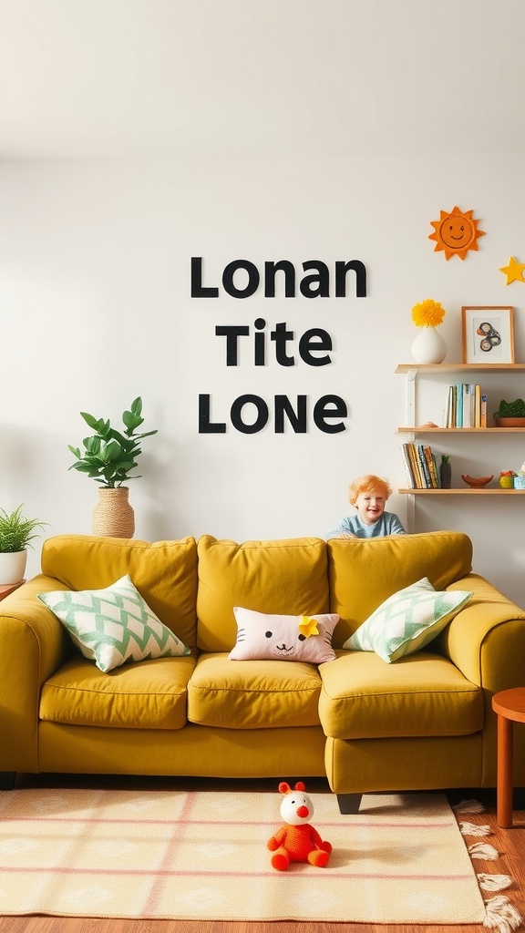 Living room with an olive green couch, playful decor, and a child at play.