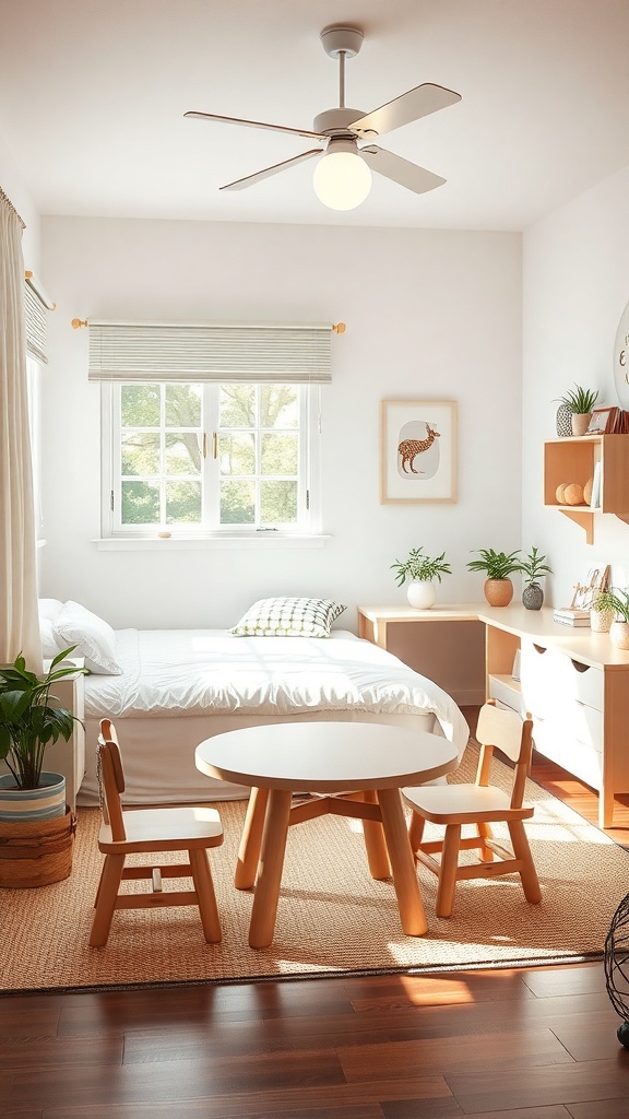 A cozy toddler bedroom with child-sized furniture, including a small table and chairs, a bed, and plants.