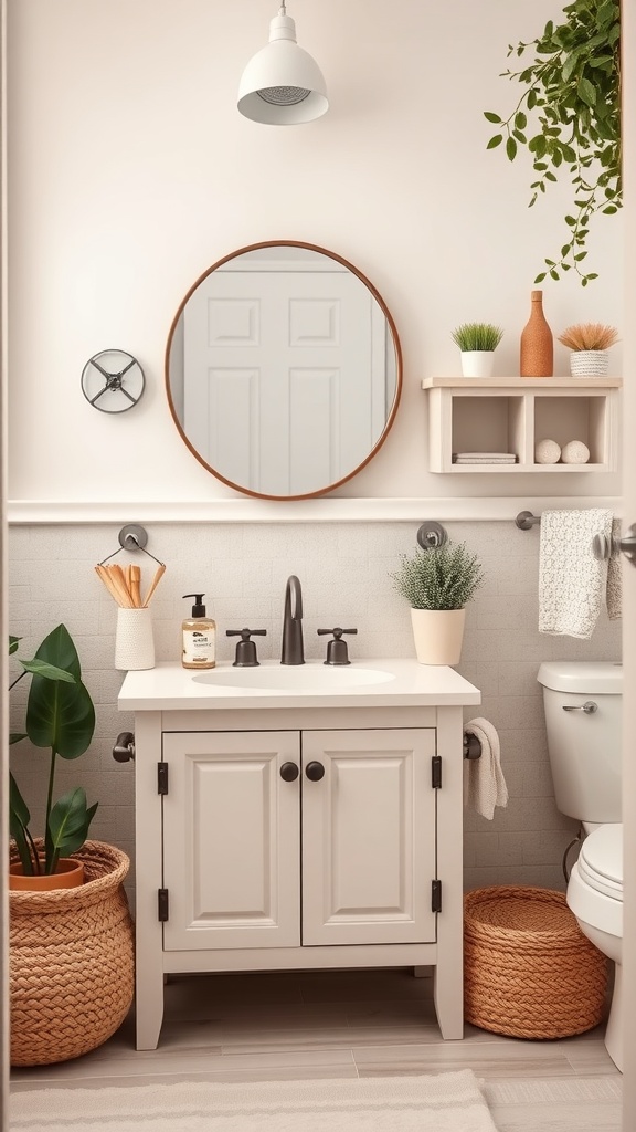 A child-sized bathroom vanity area featuring a mirror, plants, and organized storage.