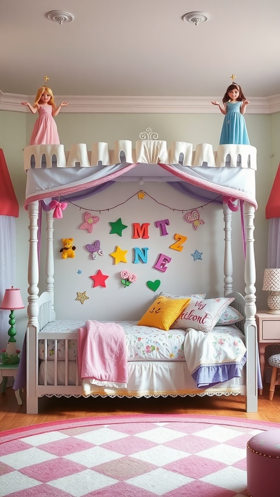 A whimsical four-poster bedroom with dolls, colorful decor, and a cozy atmosphere.