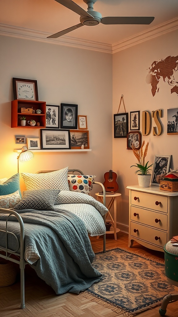 A cozy bedroom with a wall of framed childhood memories, a comfortable bed, and warm lighting.