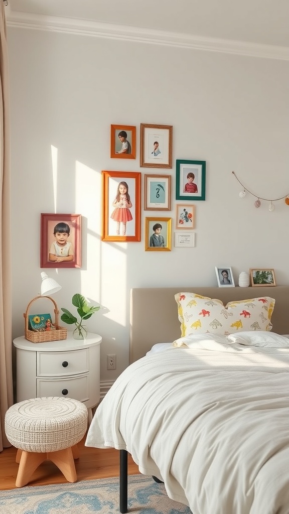 A cozy bedroom corner featuring a wall with colorful framed childhood photos, a small side table with a plant, and a comfortable bed.