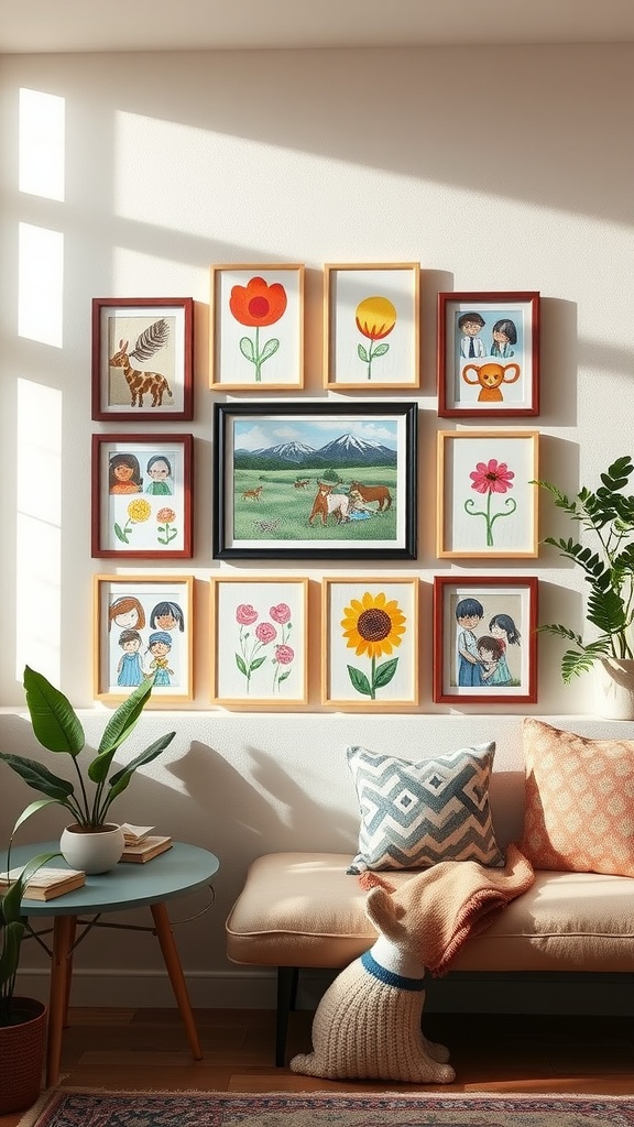 A wall displaying children's artwork framed in colorful frames, with a cozy seating area nearby.