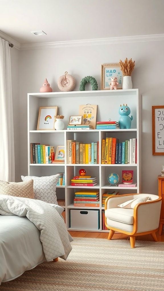 A cozy children's book corner featuring a colorful bookshelf filled with books, playful decorations, and a comfortable chair.