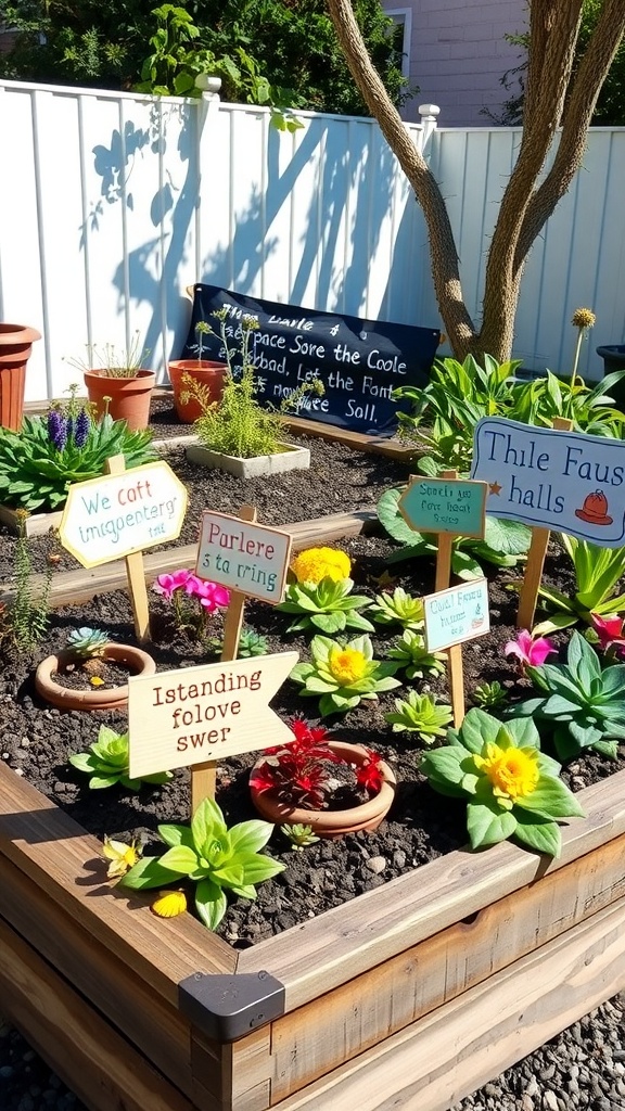 A children's garden bed featuring colorful educational signage and vibrant flowers