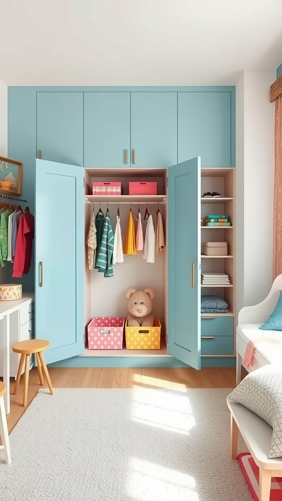 Children's open wardrobe with bright blue doors, colorful clothing, and storage boxes.