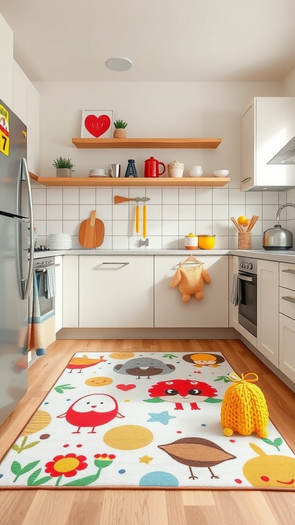 Colorful children's themed fun rug with playful patterns in a kitchen.