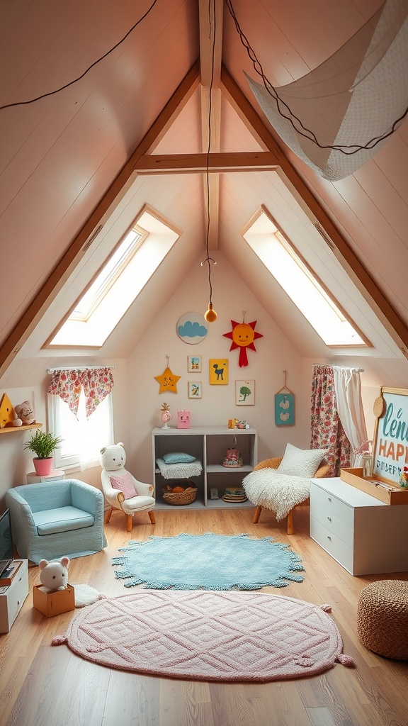 A cozy child's attic bedroom with pastel colors and playful decorations, featuring a comfortable chair and organized shelves.