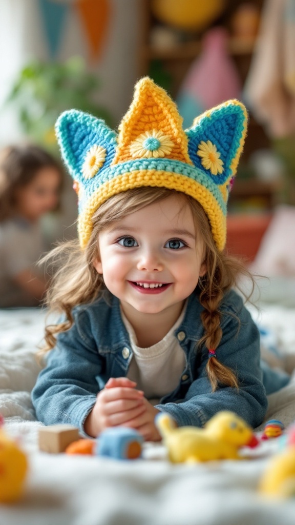 A young child smiling while wearing a colorful crochet crown, surrounded by toys.