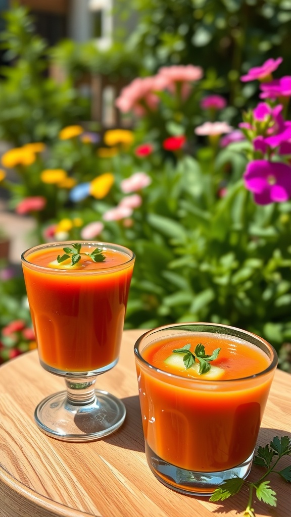 Two chilled gazpacho shots garnished with cucumber and herbs, set against a colorful garden backdrop.