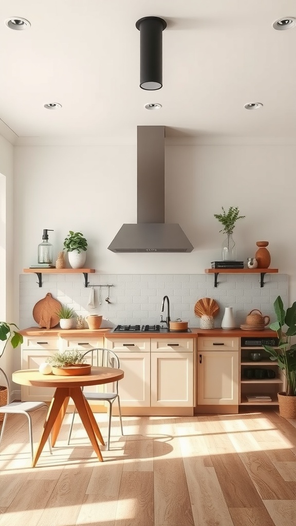 A modern kitchen featuring a sleek chimney, wooden accents, and plants, creating a warm and inviting atmosphere.