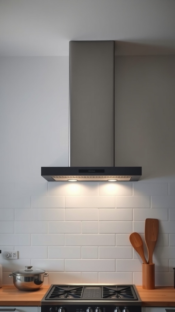 Modern kitchen chimney with built-in lighting above a cooking area.
