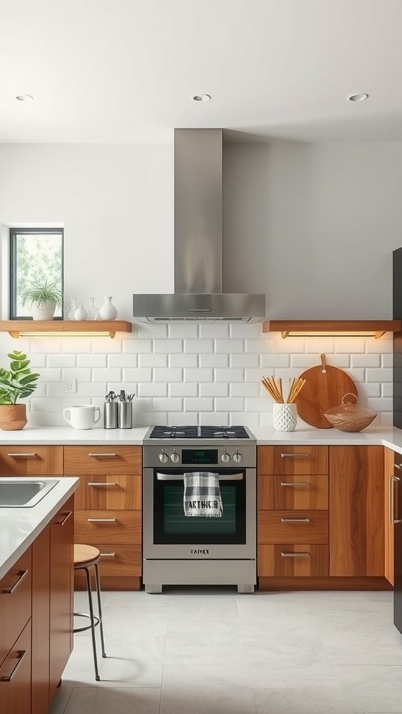 Modern kitchen featuring a chimney hood with integrated appliances, wooden cabinetry, and bright decor