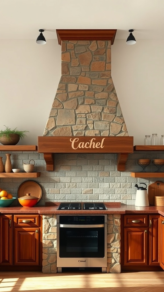 A kitchen featuring a stone chimney with wooden accents and open shelves.